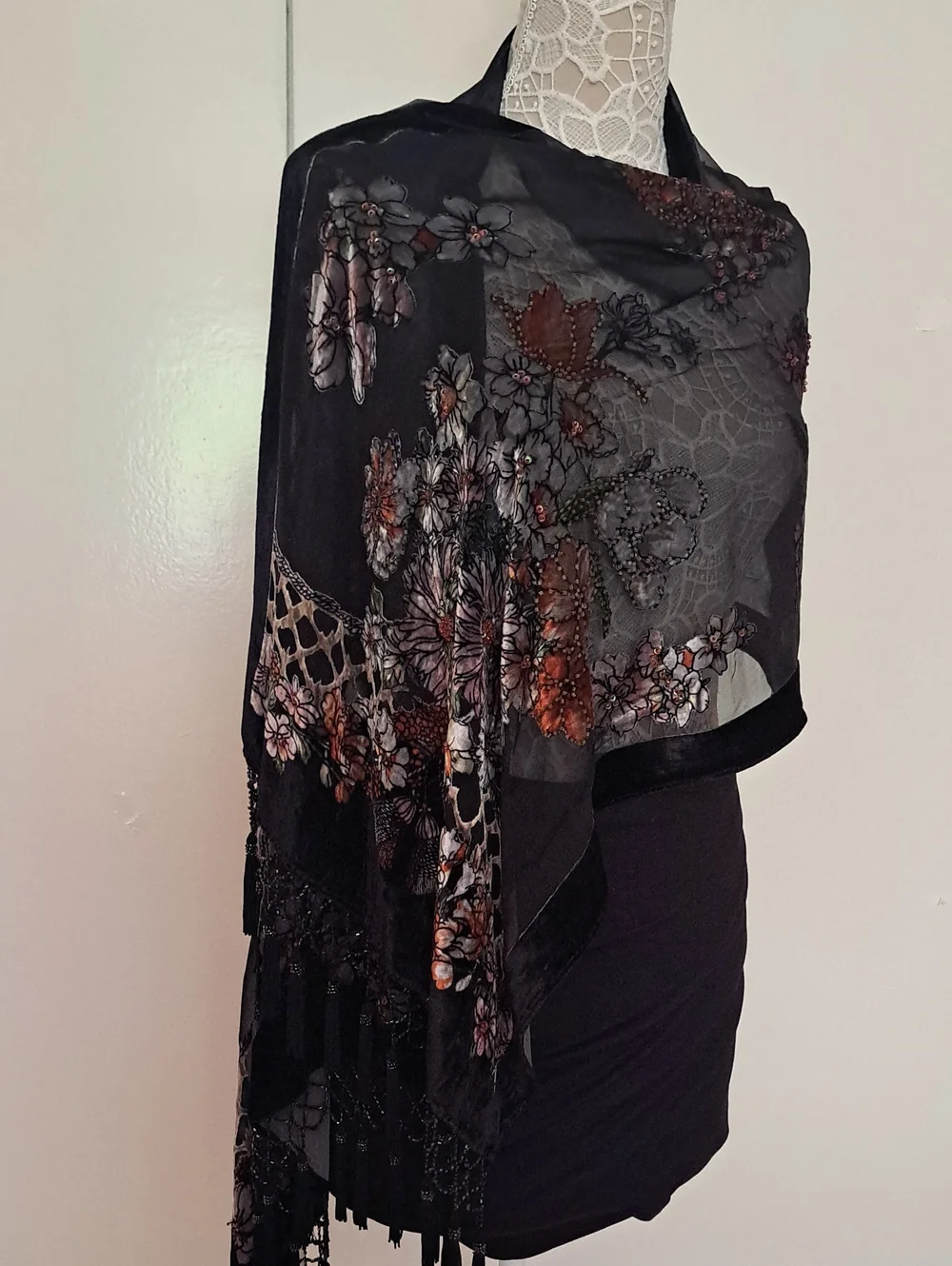 Vintage Black Sheer Floral Scarf with Fringe 100% Silk